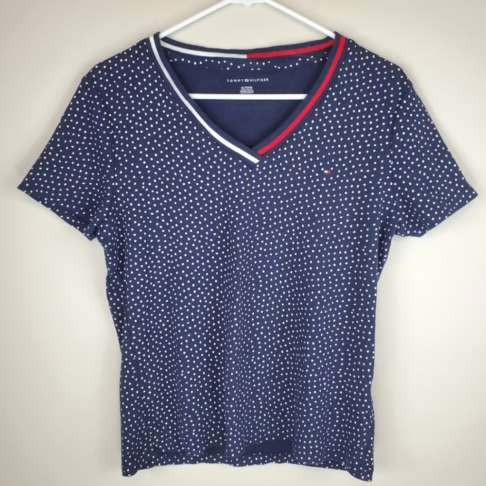 Tommy Hilfiger Size XL Blue White Polka Dot Short Sleeve V-Neck Shirt